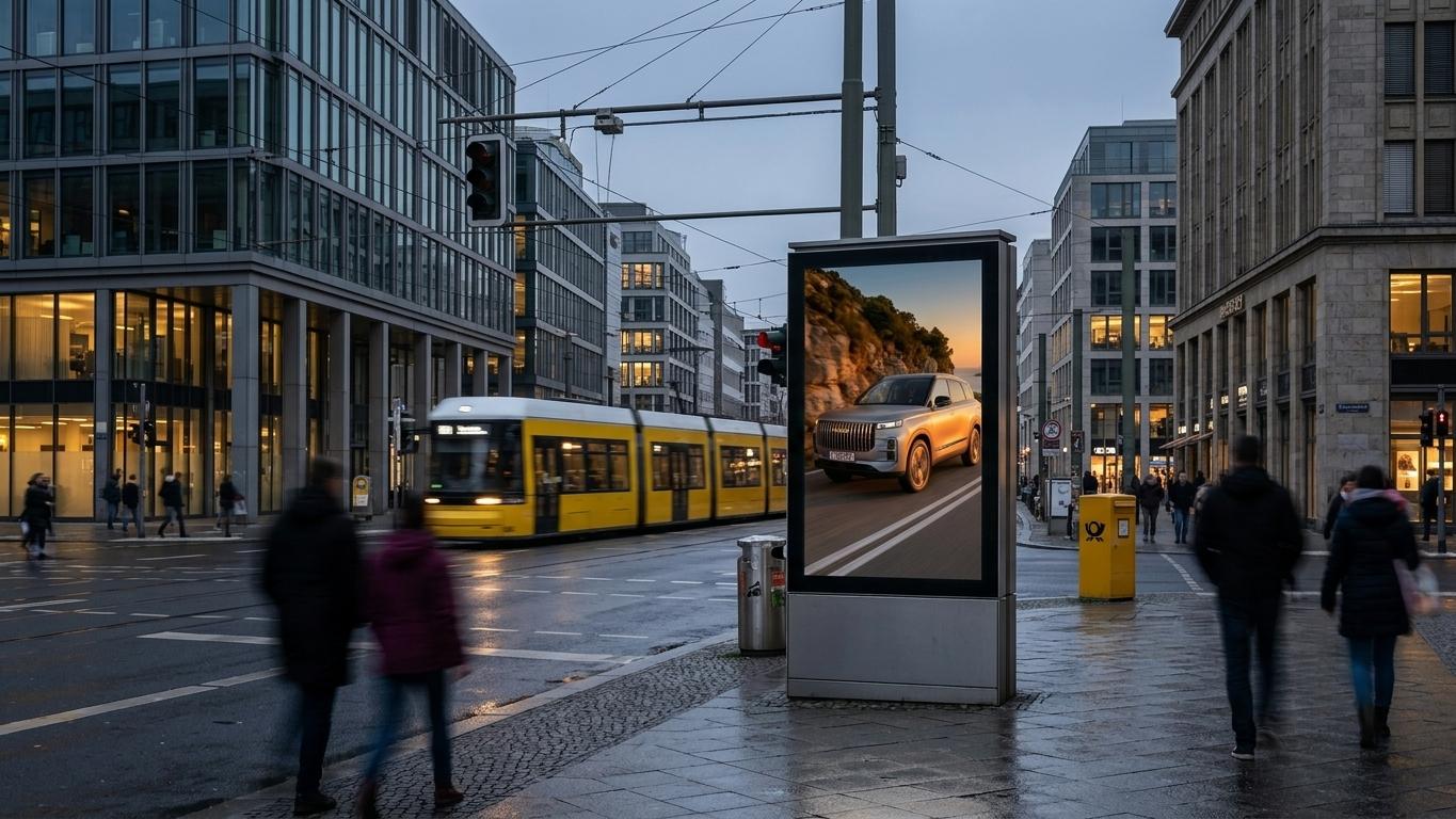 Digitale Außenwerbefläche in der Innenstadt mit einer JAECOO-Kampagne