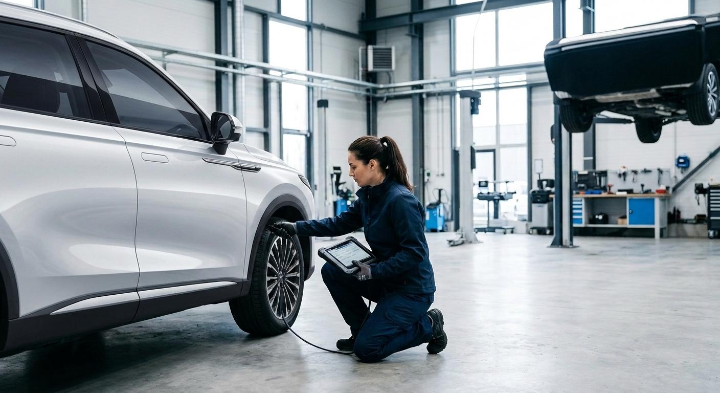 Technikerin mit Diagnosetablet an einem OMODA in der Werkstatt